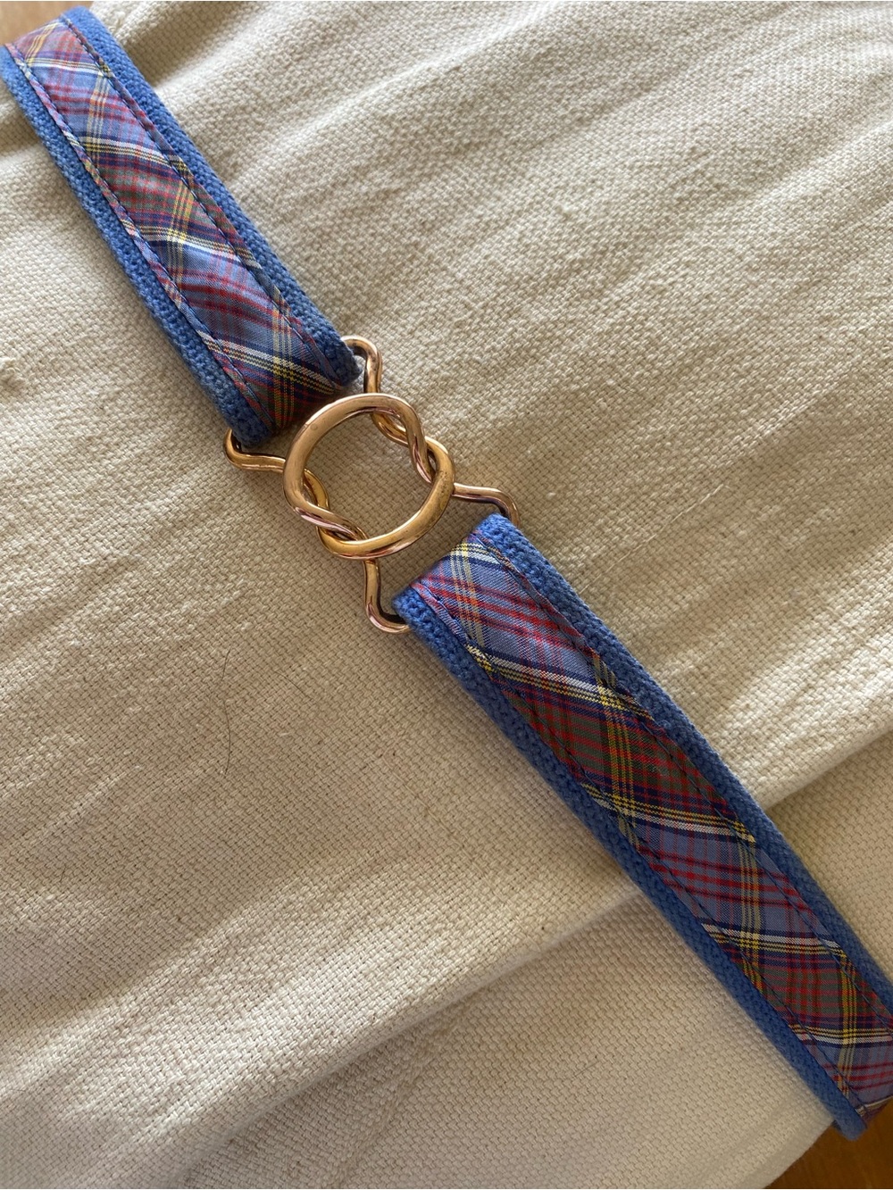 VTG Preppy Blue Plaid Silk Belt Adjustable Strap Copper Buckle Light Academia 30